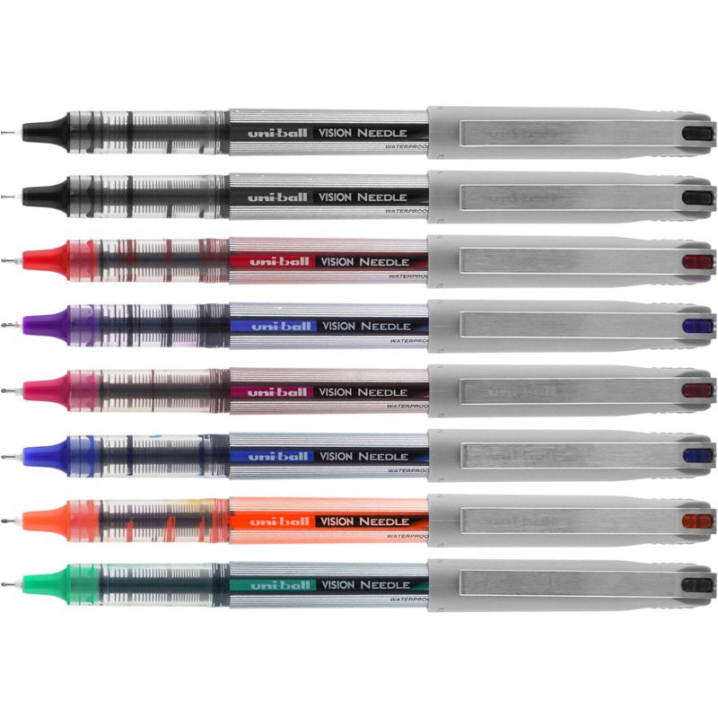 Uniball Needle Vision Soft Grip Rollerball Pens 8 Pack - Precise Waterproof Ink