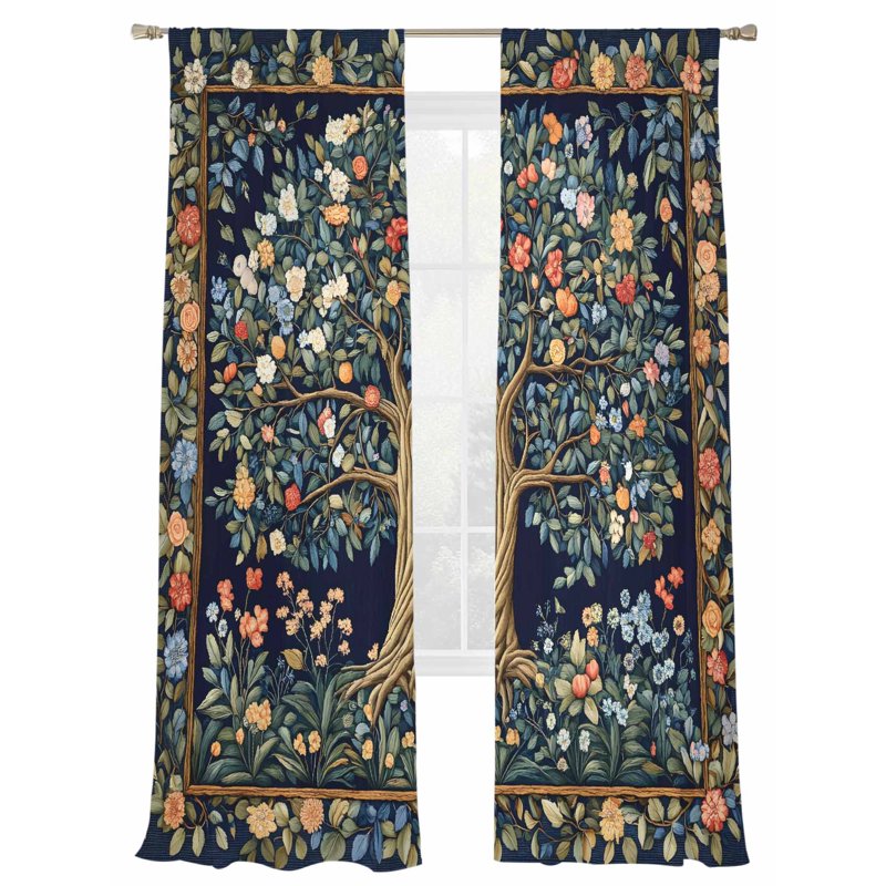 Semi Sheer Boho Floral Curtain Set - Multiple Sizes, 2 Panels