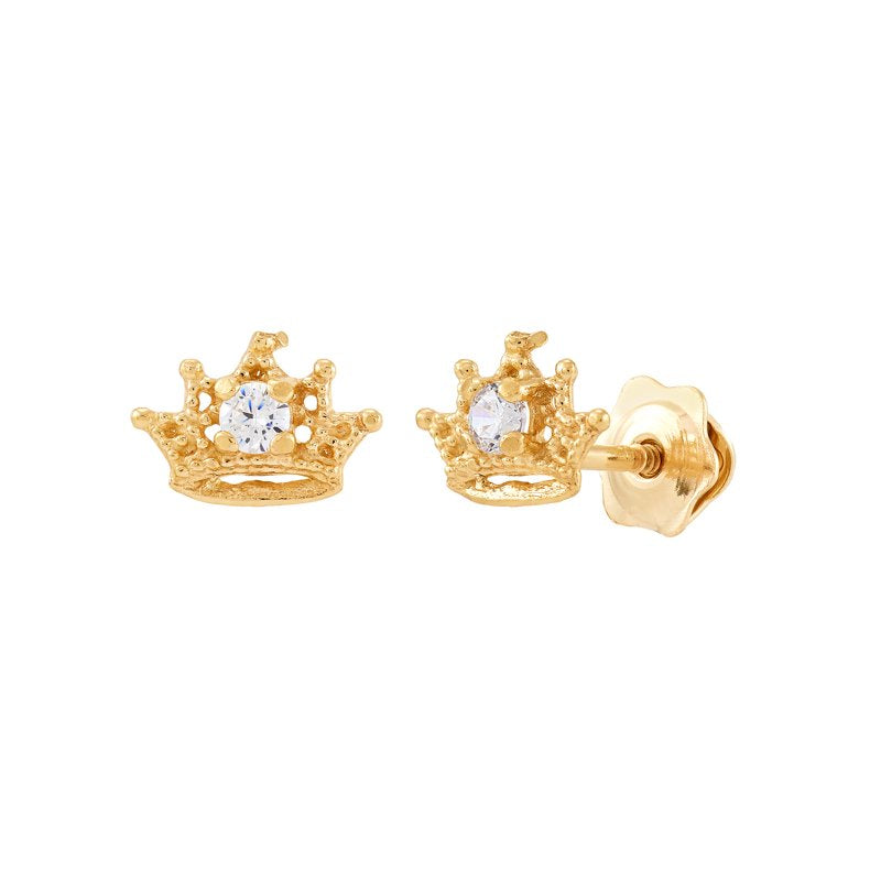 Girls Cubic Zirconia Crown Earrings in 10K Yellow Gold - Princess Style Jewelry