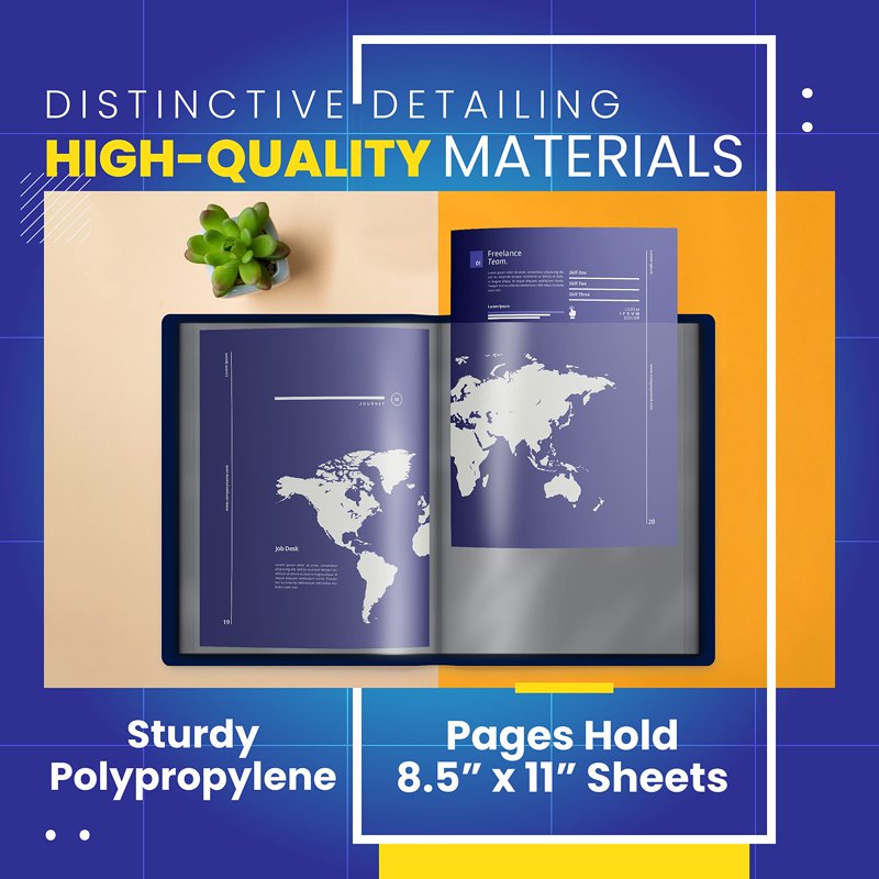 Blue 24-Pocket Presentation Book with Clear View Front Cover - 48 Sheet Pages, Durable Poly Cover