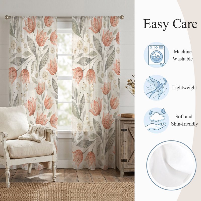 Peach Floral Sheer Curtains Set - 96 Inch Length, Multiple Sizes, Farmhouse Style
