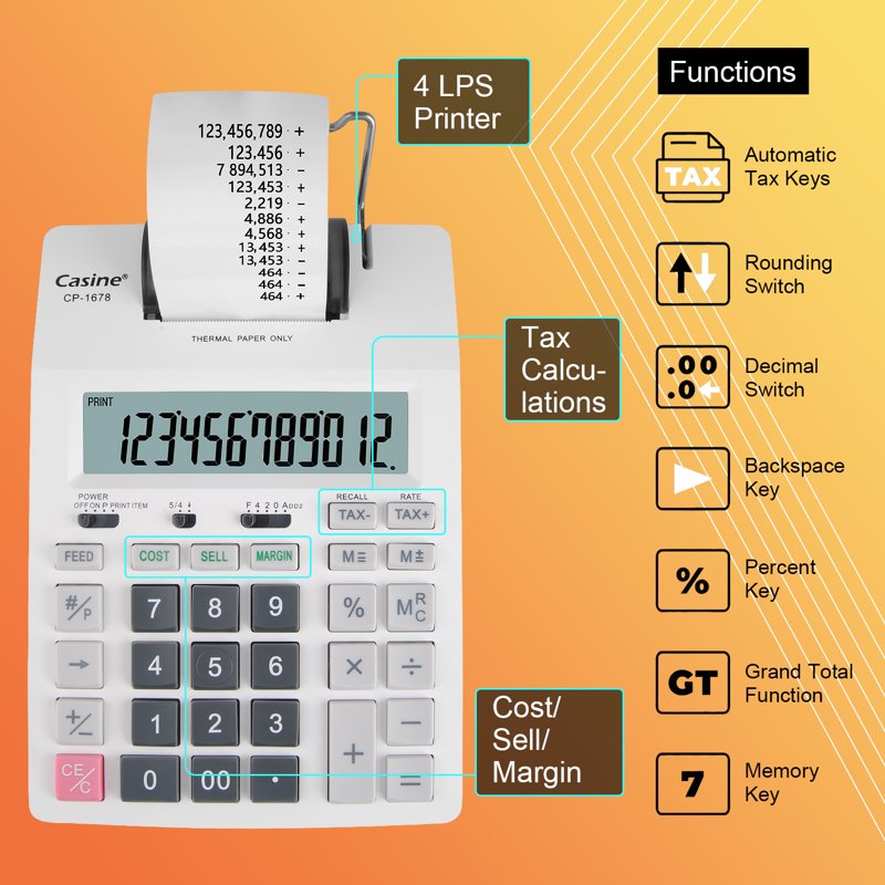 Thermal Printing Calculator with 12-Digit LCD, Fast 4 Lines/sec, Home & Office