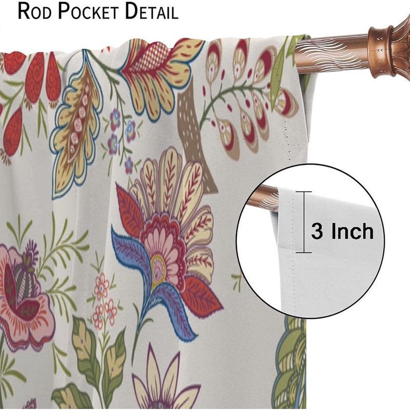 Bohemian Floral Pattern Curtains Set of 2 - Natural Botanical Window Drapes for Living Room & Bedroom