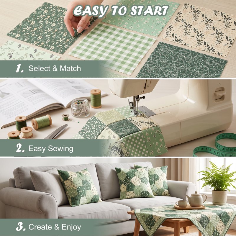 40 Pcs Sage Green Floral Cotton Fabric Squares for Quilting Sewing Crafts