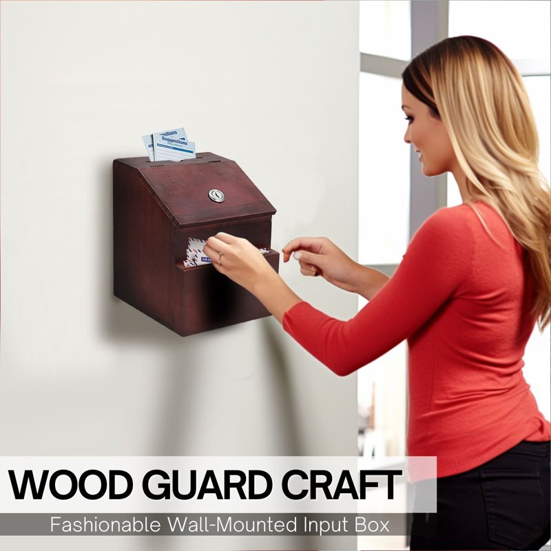 Lockable Wooden Suggestion Box with Key Lock - Wall Mount or Free Standing, Red Mahogany
