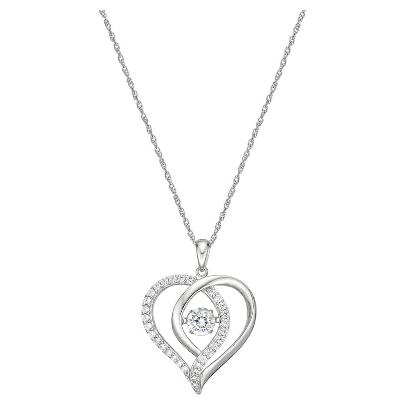 Sterling Silver Double Heart Pendant Necklace with Simulated White Diamond - 18" Rope Chain