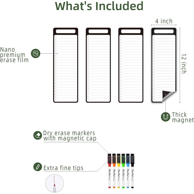 Magnetic Whiteboard Boards Set with Fine Point Markers - 4 Pack, 4x12 Inches