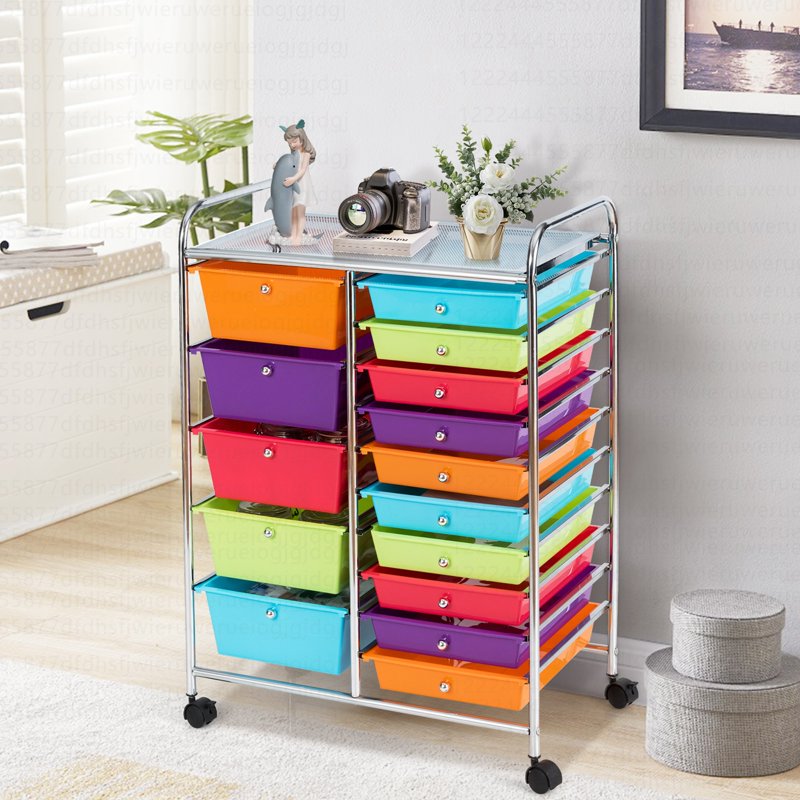 15-Drawer Rolling Storage Cart with Multicolor Opaque Plastic Drawers and Casters