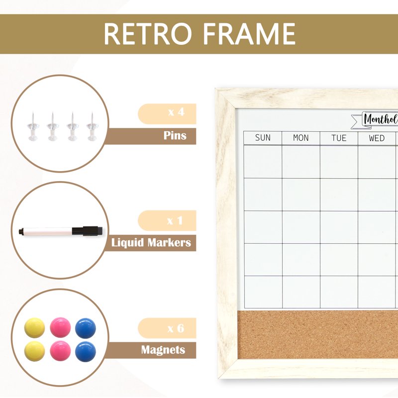 Monthly Whiteboard Calendar & Corkboard Wall Organizer 16x12 Magnetic Dry Erase