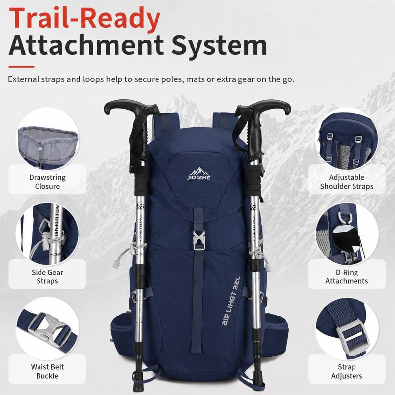JIDIZHE 32L Hiking Backpack with Internal Frame & Rain Cover - Blue004