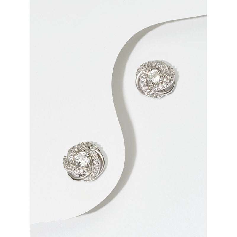 Sterling Silver Love Knot Stud Earrings with White Sapphire - Gift for Women