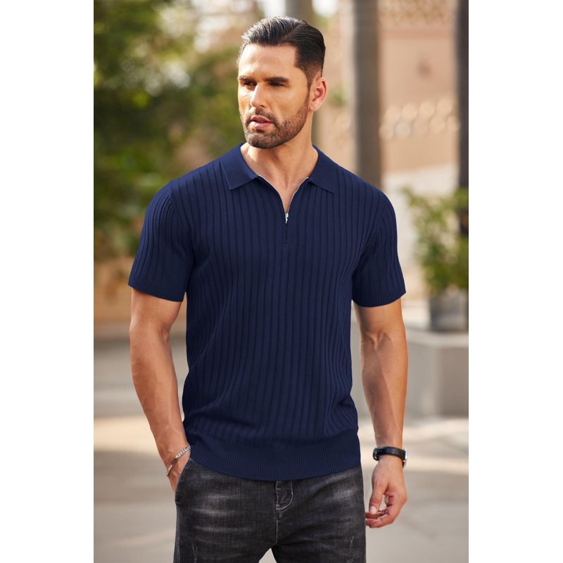 Men's Zipper Polo Shirt - Casual Ribbed Knit Golf T-Shirt for Men