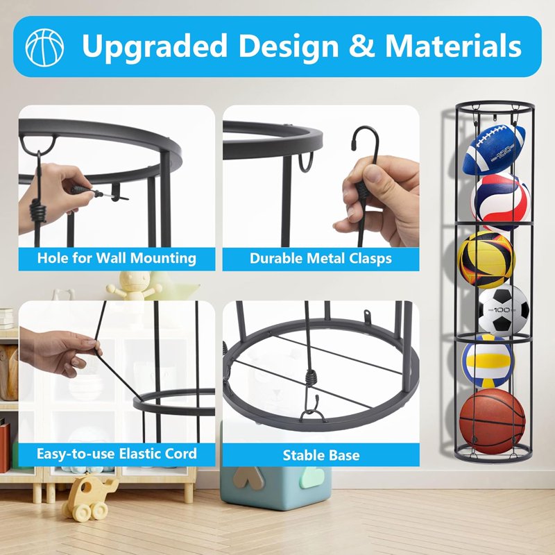 3-Tier Vertical Ball Storage Rack for Garage & Home Organization
