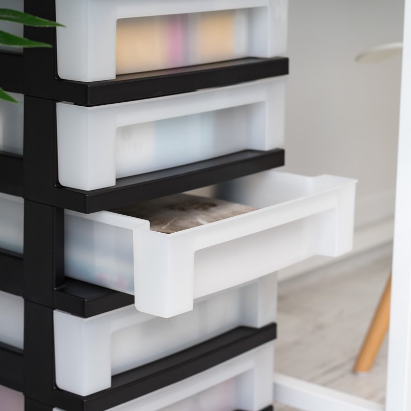 Narrow 5-Drawer Plastic Storage Cart with Organizer Top - Black & White