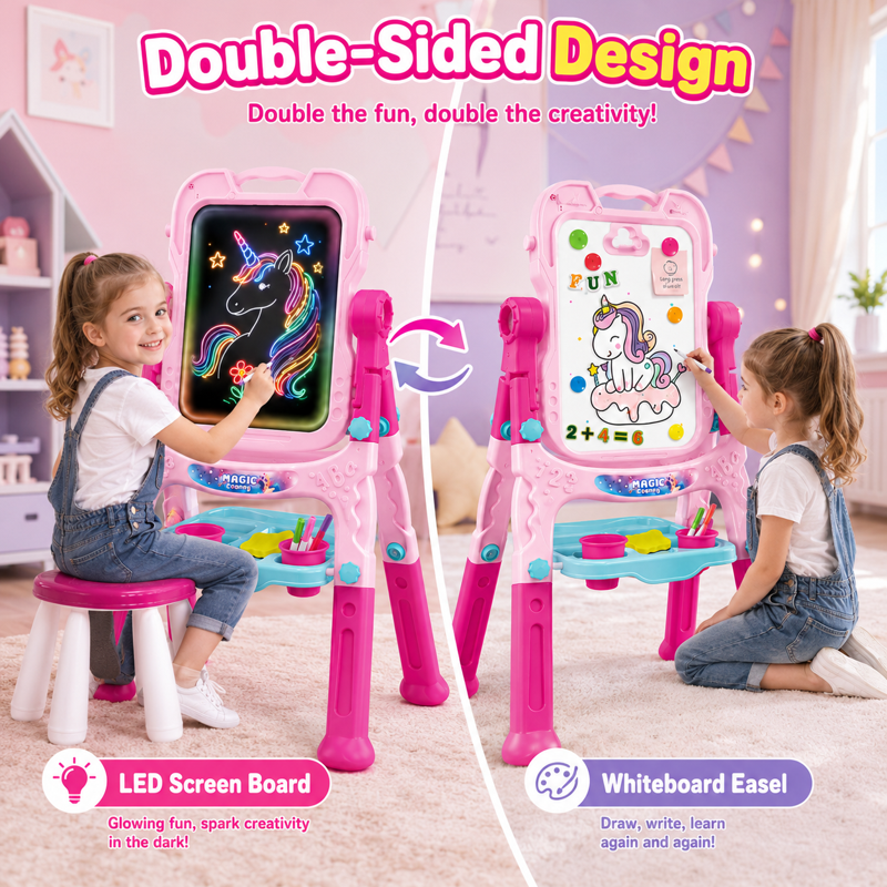 Kids Art Easel with Painting Accessories - Adjustable Double-Sided & Rotatable Pink