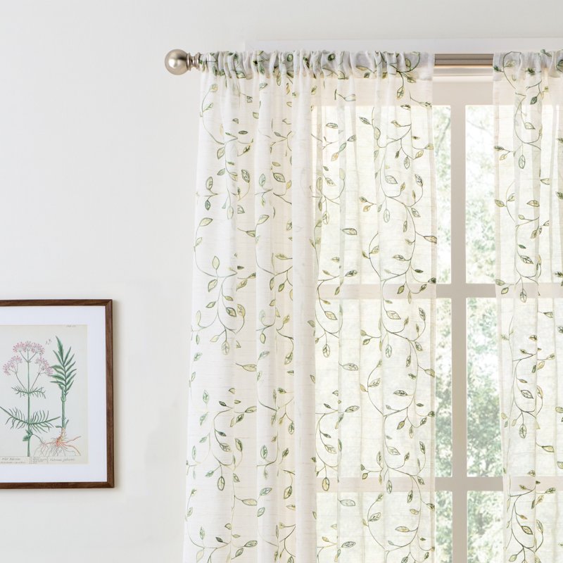 Embroidery Sheer Curtain Panel Pair - White & Green, Rod Pocket, 2 Pieces, Custom Sizes