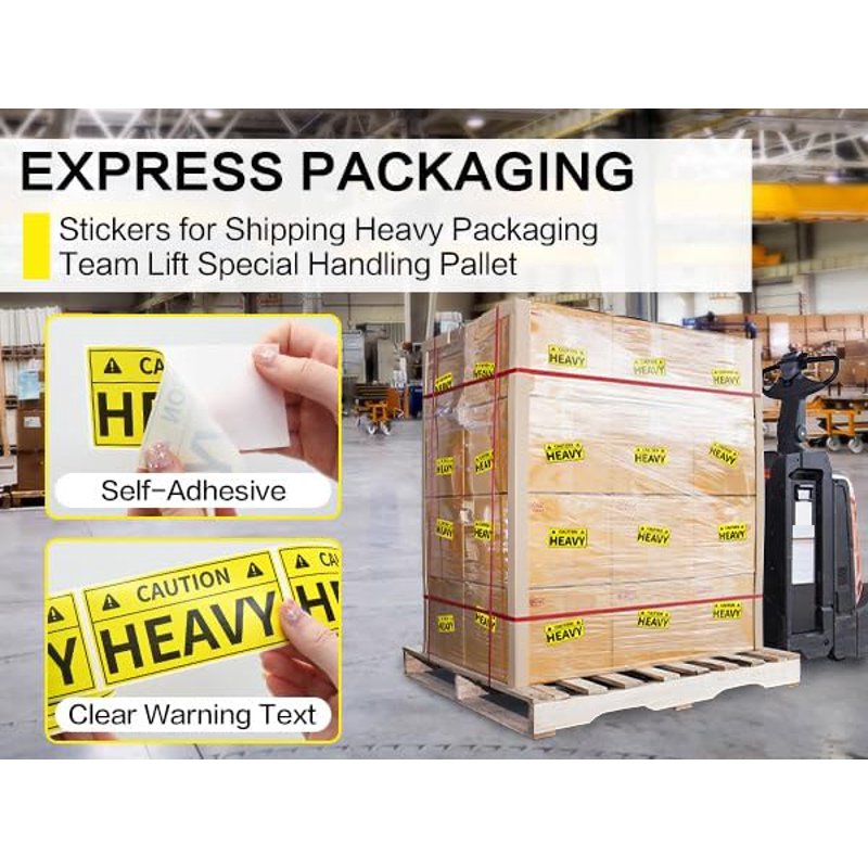 Heavy Shipping Caution Stickers 2x4 Inch Yellow Warning Labels for Pallets and Boxes - 300 Labels/Roll