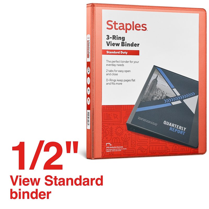 Standard 1/2-Inch Orange View Binder with 3 D-Rings, Holds 120 Sheets