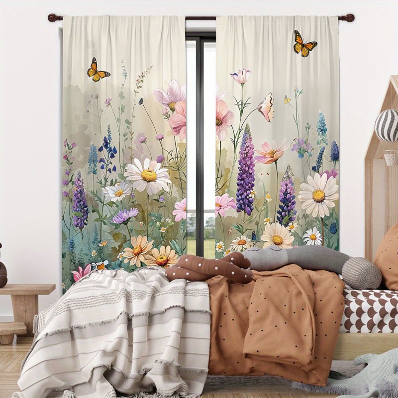 Rustic Wildflower & Weed Light-Filtering Curtains Set of 2 for Bedroom & Living Room