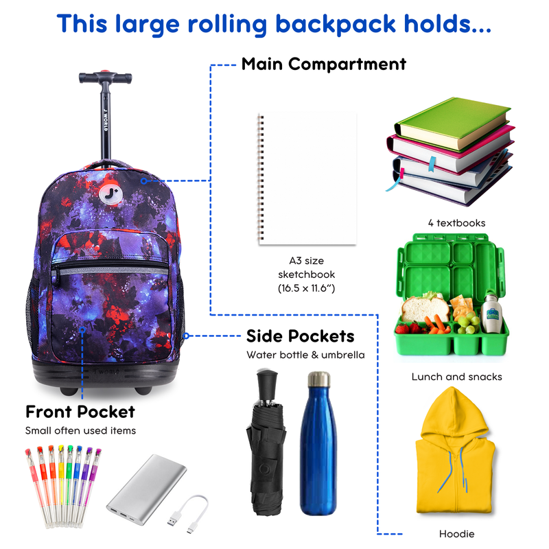 Kids & Adults 18-Inch Rolling Backpack for School & Travel - Galaxy