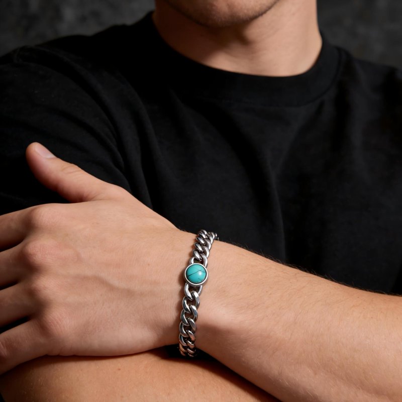 Men's Stainless Steel Turquoise Cuban Link Bracelet - Durable Jewelry Accessory