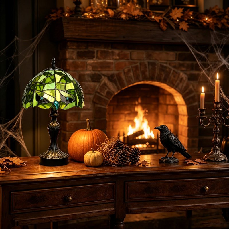 Halloween Gothic Stained Glass Table Lamp - Witch Hat Design, 11.8 Inch Decorative Light