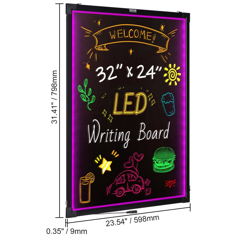 LED Message Writing Board 32x24 Inch Neon Effect Sign with Markers & Remote