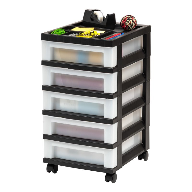 Narrow 5-Drawer Plastic Storage Cart with Organizer Top - Black & White