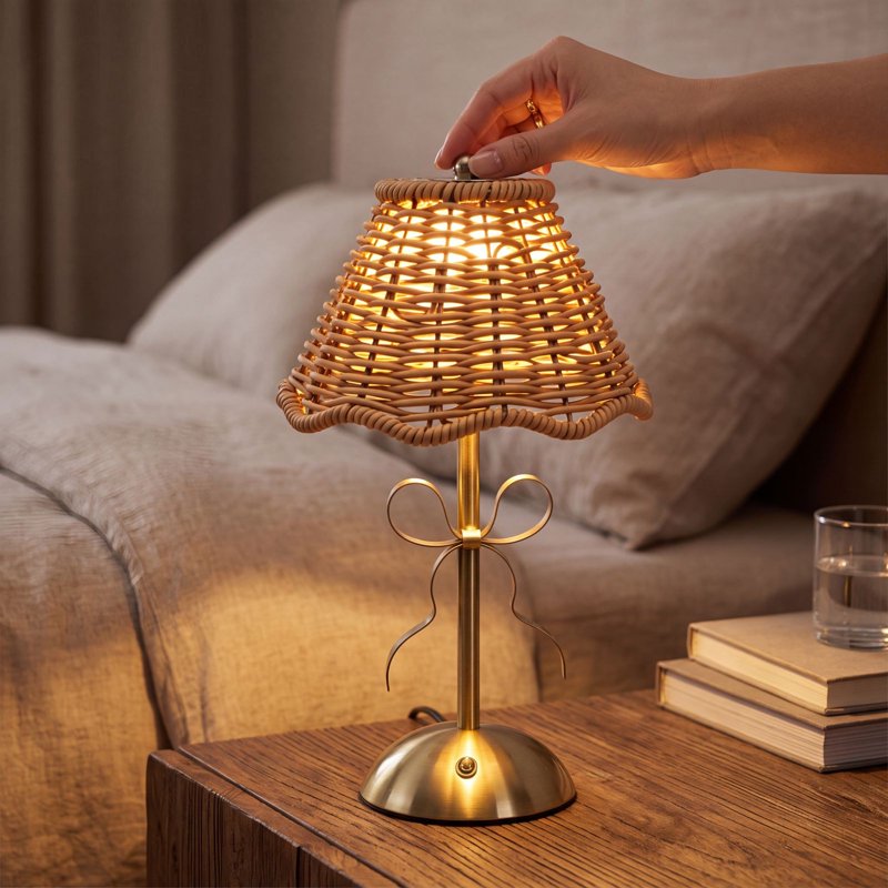 Cordless Rattan Table Lamp with Touch Dimming and USB Rechargeable Nightstand Light for Bedroom Living Room Patio