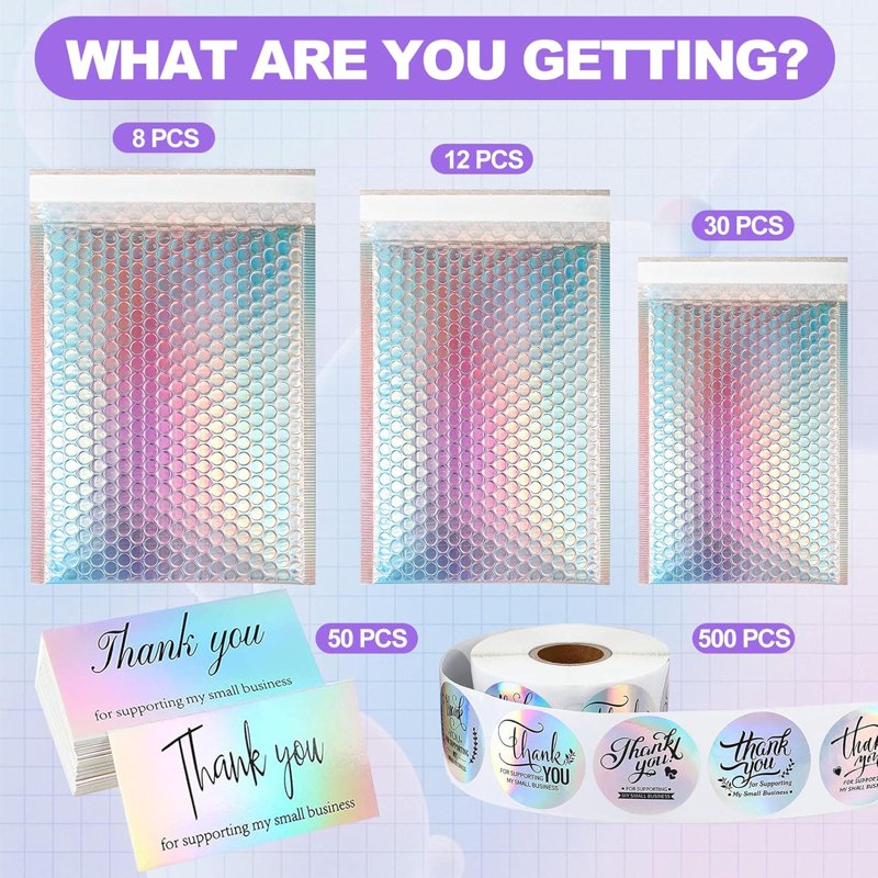 Metallic Bubble Mailers 50 Pcs with Thank You Cards & Stickers - Holographic Self-Sealing Envelopes for Small Business Shipping