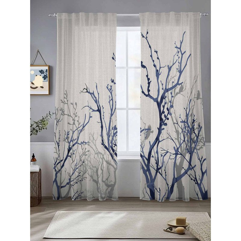 Blue Sheer Curtains Set - 2 Panels, Long Window Treatment for Living Room & Bedroom
