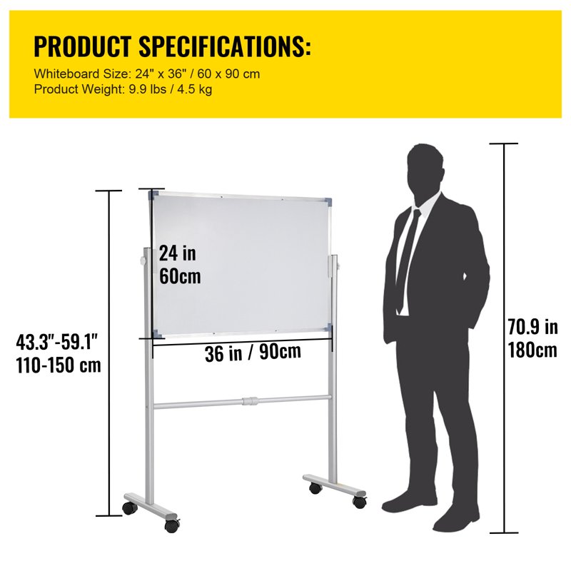 Magnetic Double-Sided Whiteboard with Adjustable Height & Mobility
