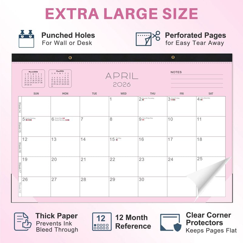 Large Desk Calendar 2026-2027 - 12x17 Inches, 18-Month Schedule, Black