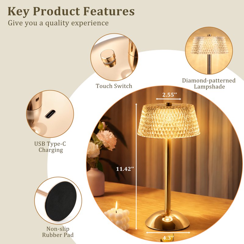 Rechargeable Cordless Crystal Table Lamp with Touch Control, 3 Light Colors