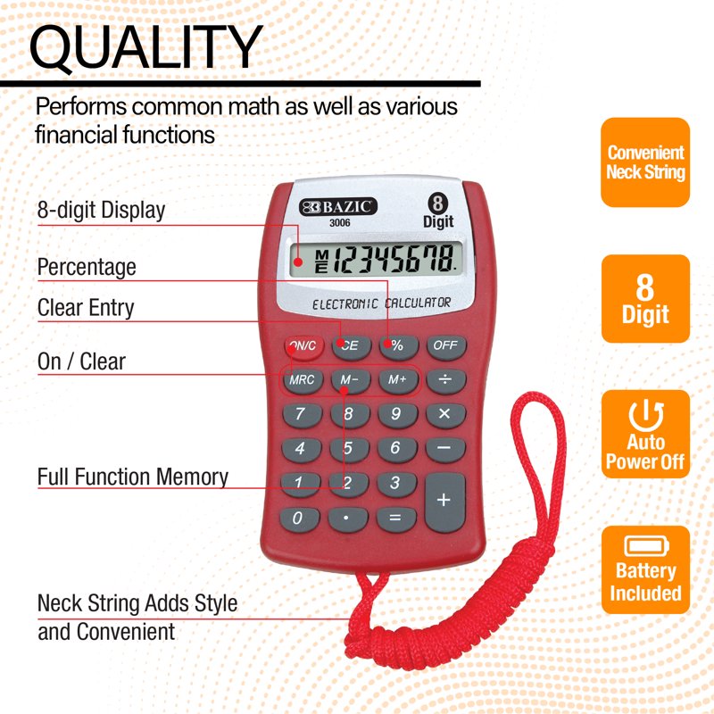 8-Digit Pocket Calculator with Neck String - Office & School Use