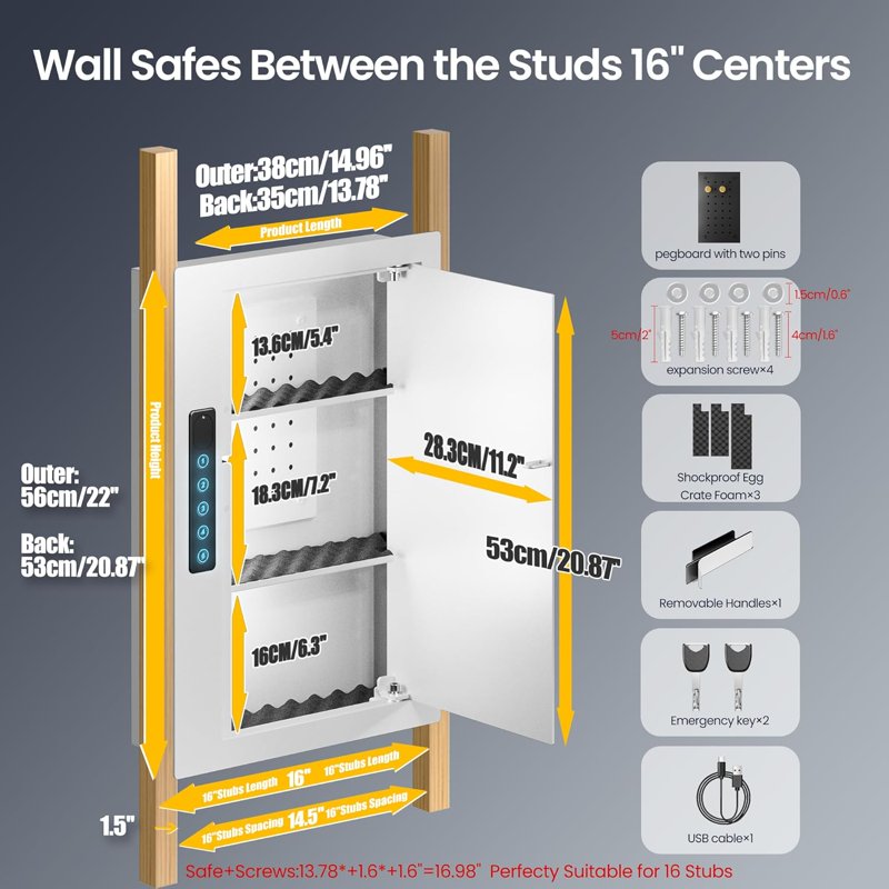 Hidden Wall Safe with Removable Pegboard & Adjustable Shelves - Secure Recessed Security Cabinet for Home & Office