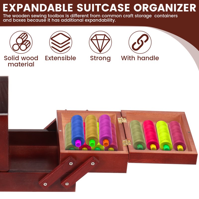 Expandable Wooden Sewing Basket with Handle - Craft Organizer for Travel & Home