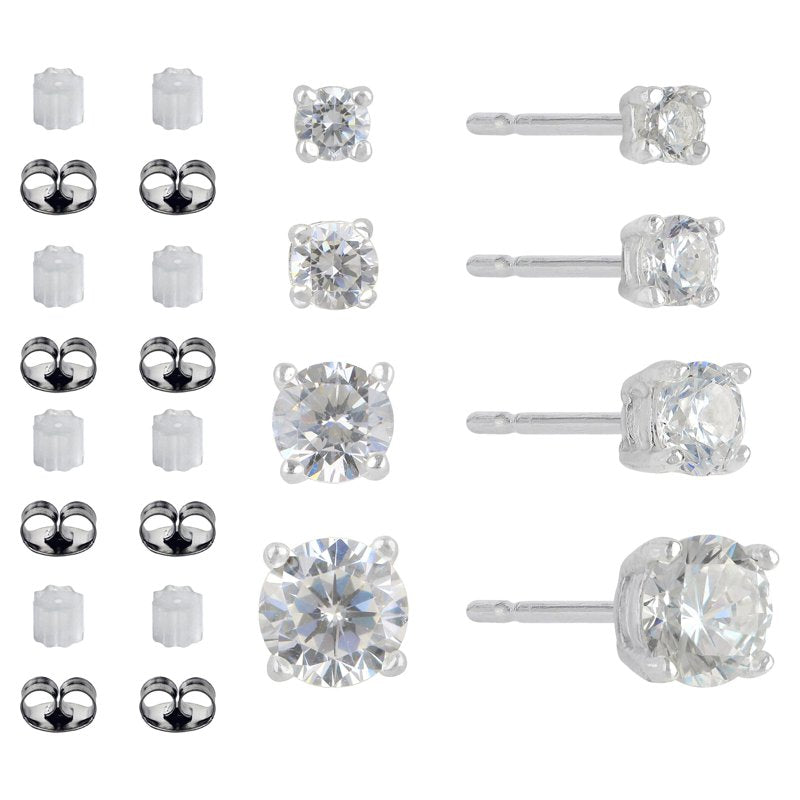 Sterling Silver Simulated Diamond Earrings Set - 4 Pairs Round Studs for Women