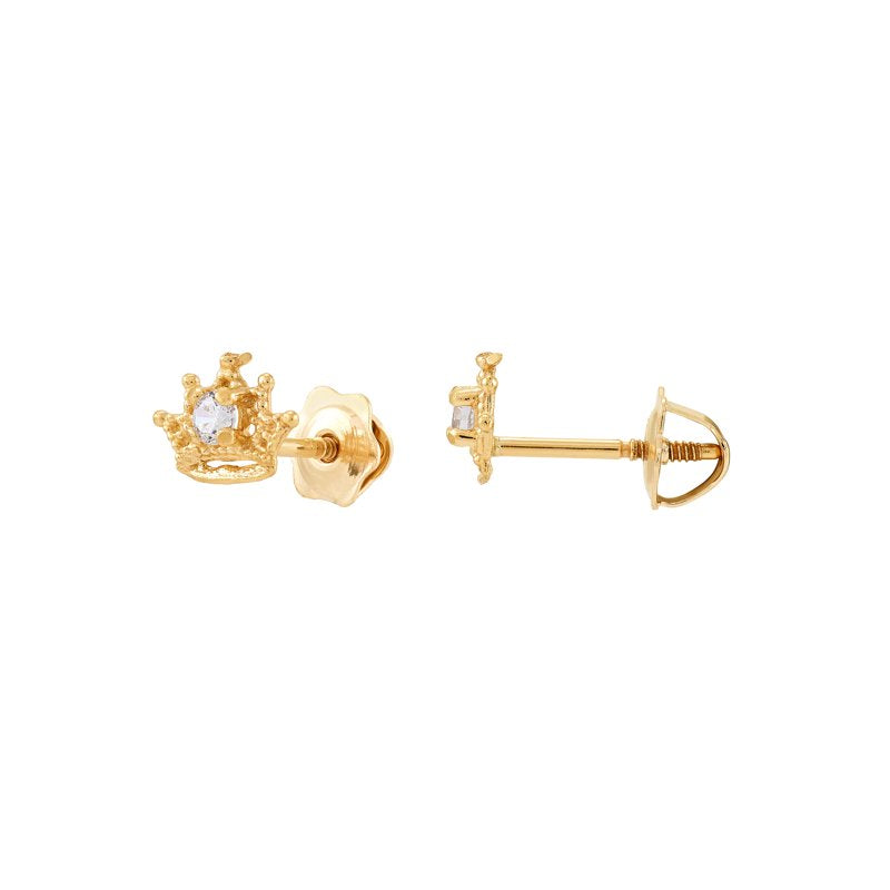Girls Cubic Zirconia Crown Earrings in 10K Yellow Gold - Princess Style Jewelry