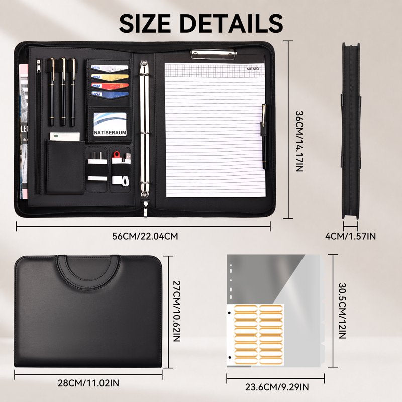 Professional Leather Portfolio Organizer with Notepad Pen 3-Ring Zipper Document Binder