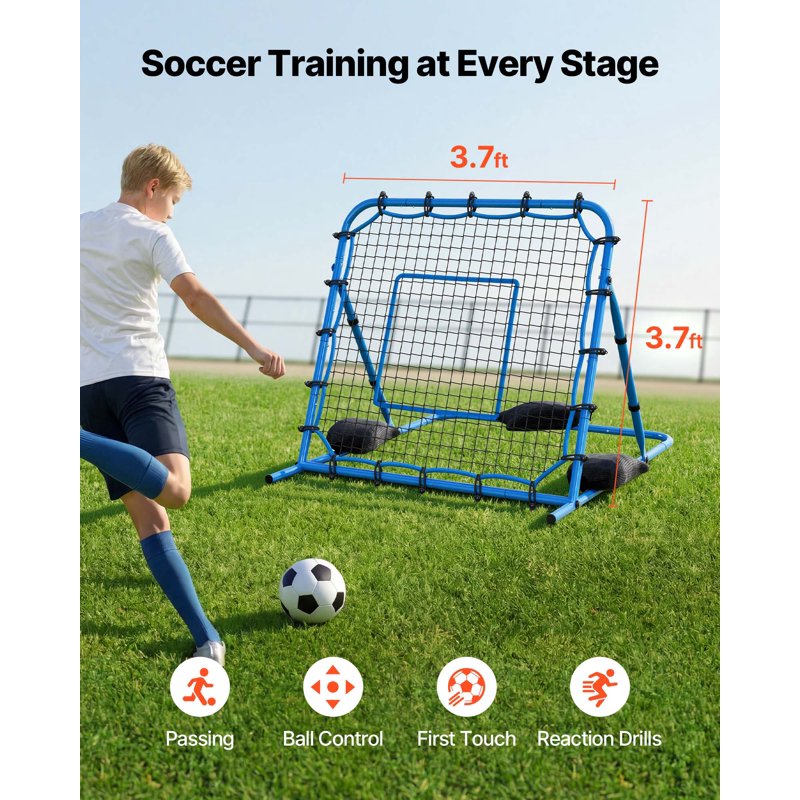 Soccer Rebounder Net with Heavy-Duty Iron Frame – 3.7 x 3.7 ft Quick-Switch Angles