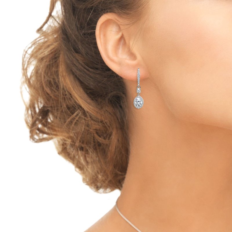 Sterling Silver Oval Halo Dangle Earrings with Cubic Zirconia