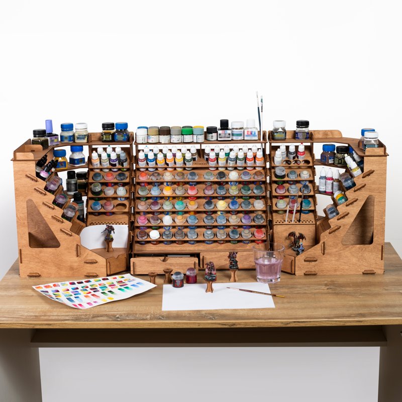 Wooden Paint Rack with 74 Bottle Capacity, Brush Holes & Storage Cabinets
