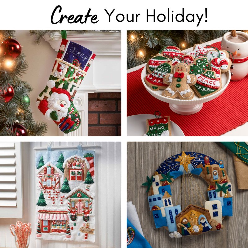 Holiday Felt Stocking Kit - Santa, Snowman & Reindeer Design, 18 Inches