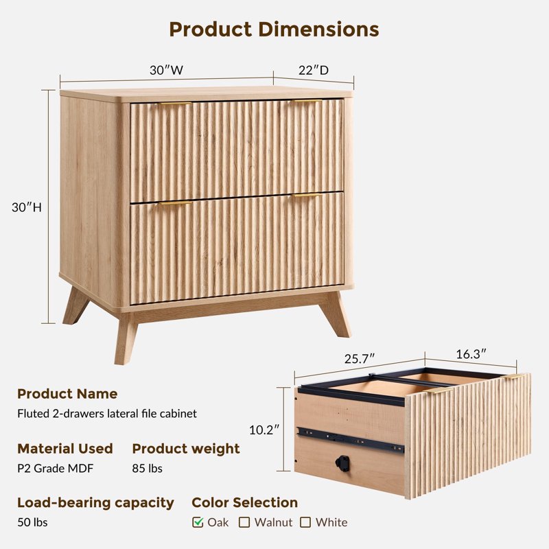 Modern 31.8-Inch File Cabinet with 2 Deep Drawers and Adjustable Hanging Rods for Office and Home