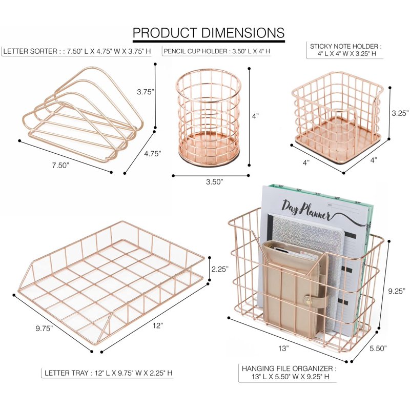 5-Piece Metal Desk Organizer Set with Copper Finish for Home Office Storage