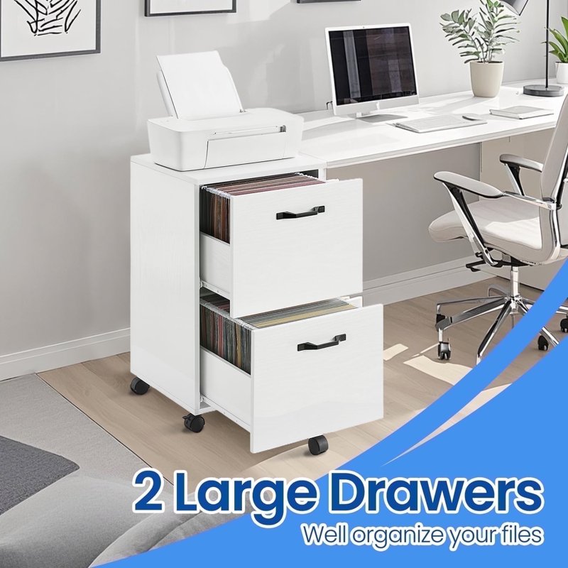 Mobile File Cabinet with 2 Drawers - Office Storage with Locking Casters, Supports A4 & Letter Files, White