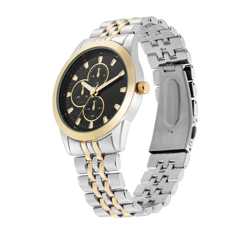 Men's Two-Tone Bracelet Wristwatch with Black Dial - Silver & Gold Finish