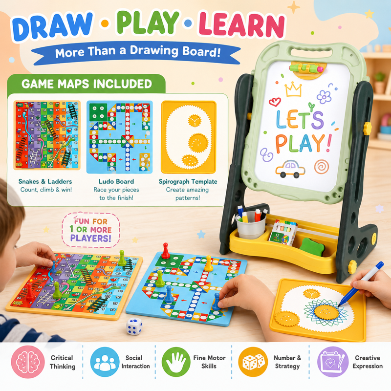 Kids Double Sided Magnetic Drawing & Learning Easel - Adjustable Height Art Board for Toddlers 2-6 Years