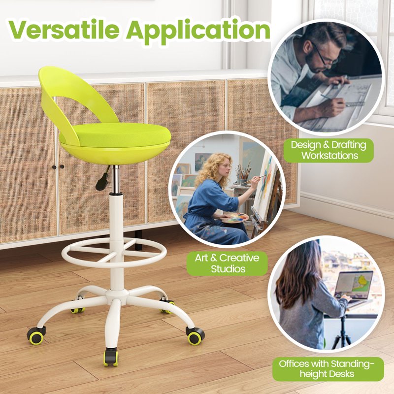 Adjustable Drafting Stool with Wheels Green Ergonomic Office Chair
